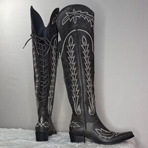 RedTop- The Ross - Grey Over-the-Knee Cowgirl Boots with Back Tie & Embroidery